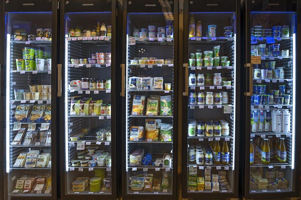 Dairy products in the refrigeration of an organic supermarket