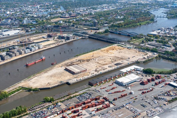 Aerial view of the area of the new Grasbrook district of Hamburg