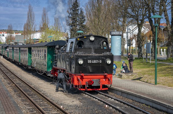 The historic railway Rasender Roland at Binz station on the holiday island of Ruegen