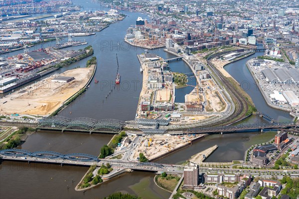 Aerial view Hafencity Grasbrook and Elbbruecken