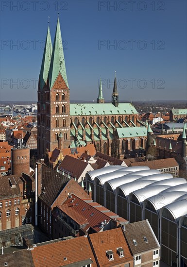 Bird's eye view of the old town with St. Mary's Church and striking roof of Peek and Cloppenburg