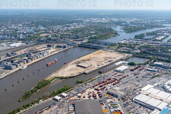 Kleiner Grasbrook new district in Hamburg from the air: Aerial view of the area of the new Hamburg district Grassbrook