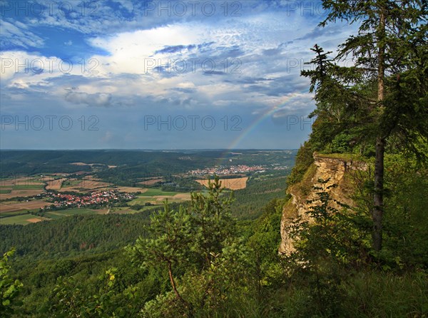 The edge of the Heldrastein in the Eichsfeld-Hainich-Werratal nature Park seen from the side Behind it is the Werratal with the villages of Heldra and Treffurt and Normannstein Castle Heldrastein