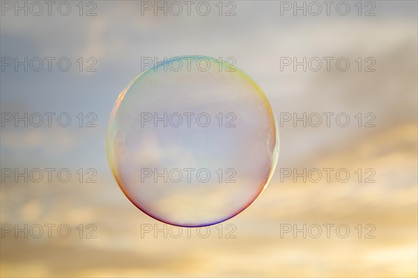 A soap bubble floating outdoors at sunset