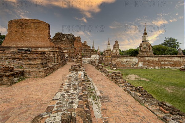 Weathered pagodas in the early morning at Wat Mahathat temple