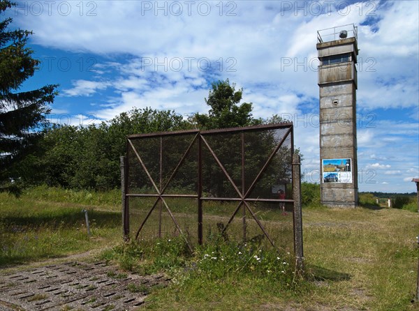 Old border tower and border installations in the Hochrhoen on the Bavarian-Thuringian border near the core zone of the Rhoen biosphere reserve Frankenheim