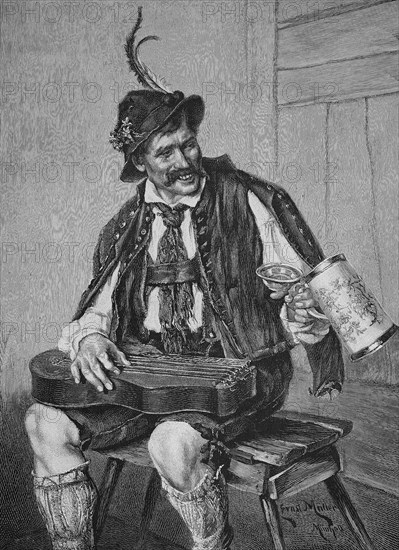 Bayerischer Musiker mit Zither und Masskrug