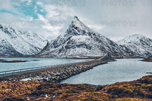 Fredvang Bridges in winter. Lofoten islands