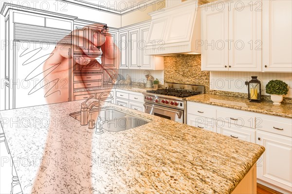 Hand drawing custom kitchen design with gradation revealing photograph
