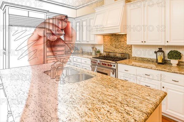 Hand drawing custom kitchen design with gradation revealing photograph