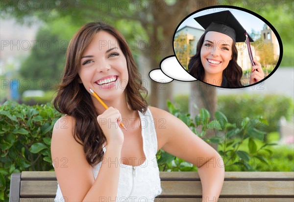 Thoughtful young woman with herself as a graduate inside thought bubble