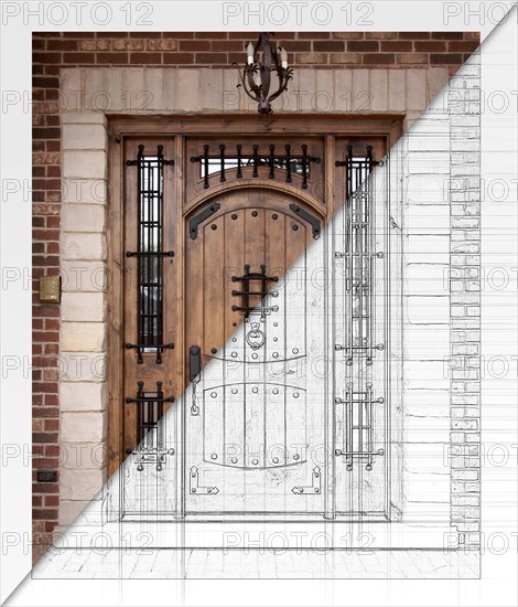 Before and after of custom house front door blueprint drawing to finished construction