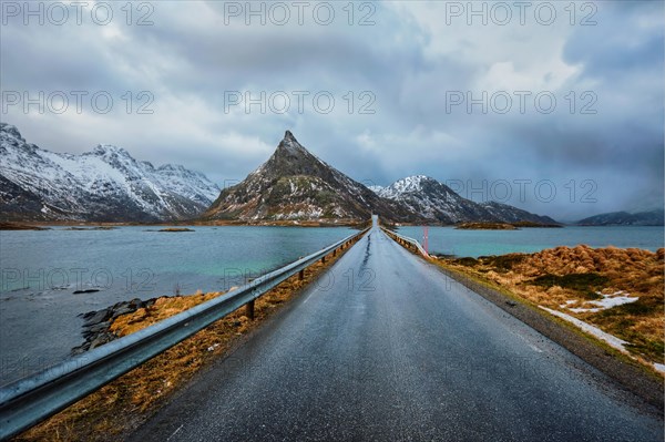 Road in Norwegian fjord. Lofoten islands