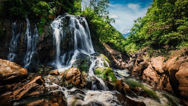 Panorama image of waterfal near Cat Cat Village near