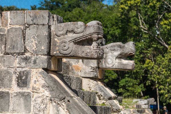 Mayan jaguar figurehead sculptures at the archaeological site in chichen itza