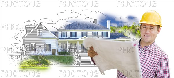 Smiling contractor holding blueprints over custom home drawing and photo combination