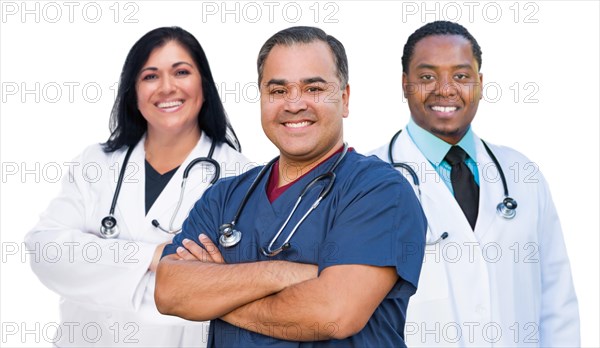 Group of mixed-race female and male doctors isolated on white
