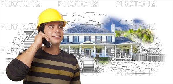 Hispanic construction worker on phone over house drawing and photo combination on white