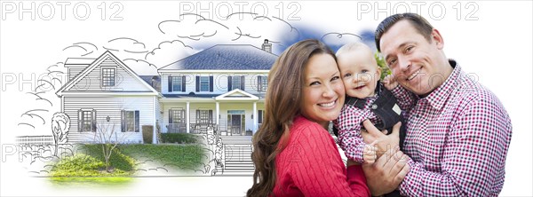Happy young family with baby over house drawing isolated on a white background