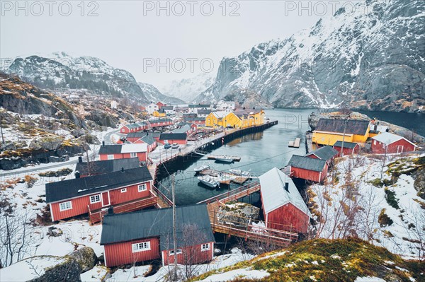 Nusfjord authentic fishing village in winter. Lofoten islands