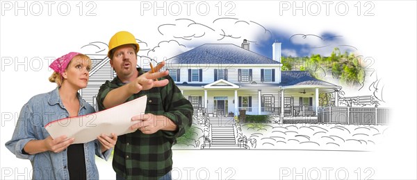 Contractor talking with customer over custom home drawing and photo combination