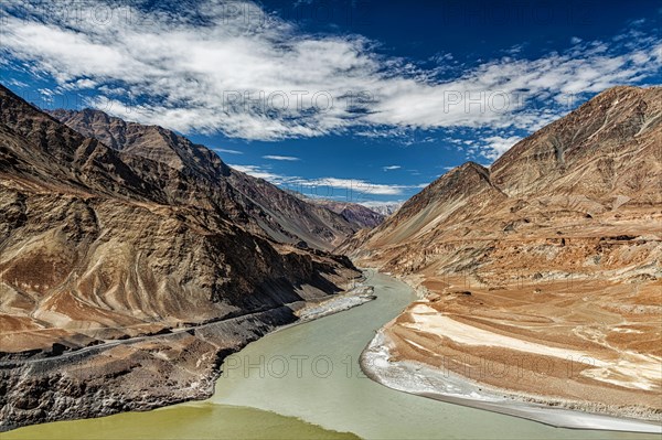 Confluence of Indus and Zanskar Rivers in Himalayas. Indus valley