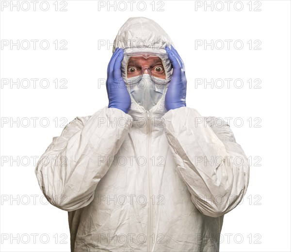 Man holding head with hands wearing HAZMAT protective clothing isolated on A white background