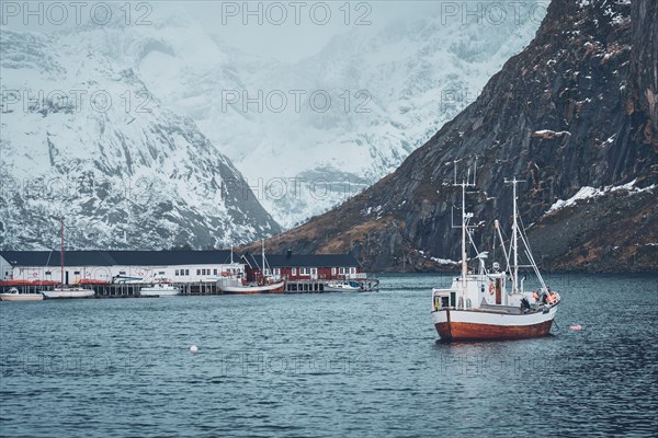 Ship fishing boat in Hamnoy fishing village on Lofoten Islands