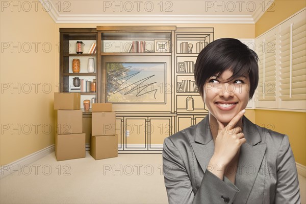 Young mixed-race female looking to the side in room with drawing of entertainment unit on wall