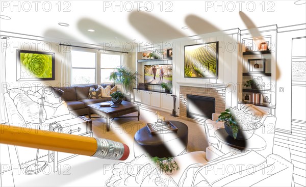 Pencil erasing drawing to reveal finished custom living room design photograph