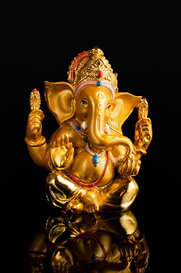 Ganesha statue isolated on black background with reflection