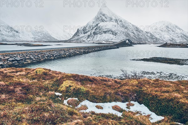 Fredvang Bridges in winter. Lofoten islands