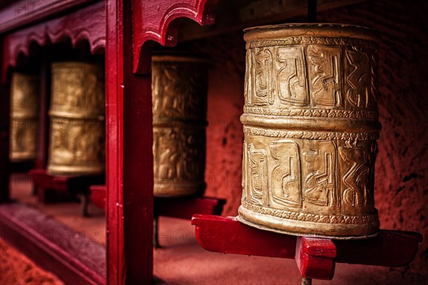 Buddhist prayer wheels in Thiksey gompa