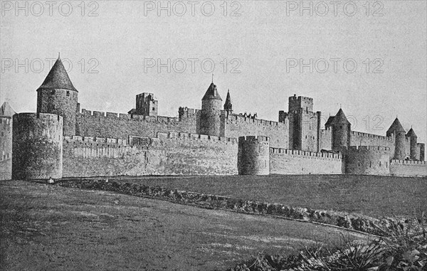 View of the old upper town of Carcassonne with double ramparts and towers from the 6th 14th century