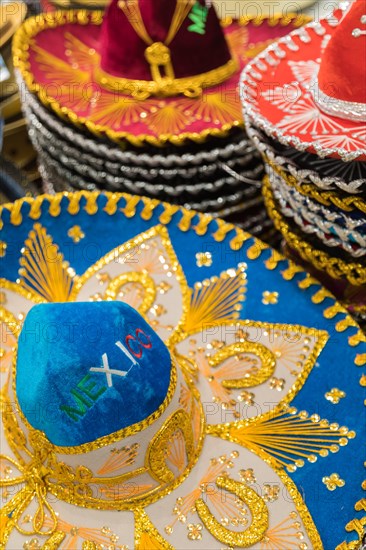 Variety of sombreros on sale by local Mexico vendors