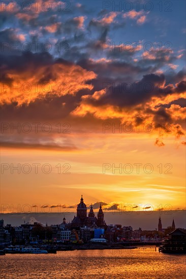 Amsterdam cityscape skyline with Church of Saint Nicholas