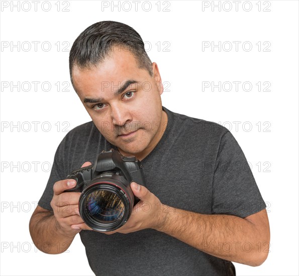 Handsome hispanic young male with DSLR camera isolated on a white background