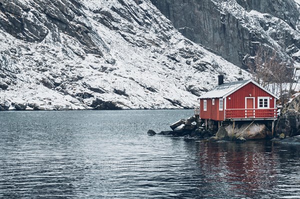 Nusfjord authentic traditional fishing village with traditional red rorbu houses in winter in Norwegian fjord. Lofoten islands