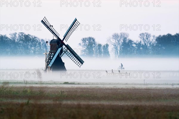 Morning atmosphere with windmill and cyclist