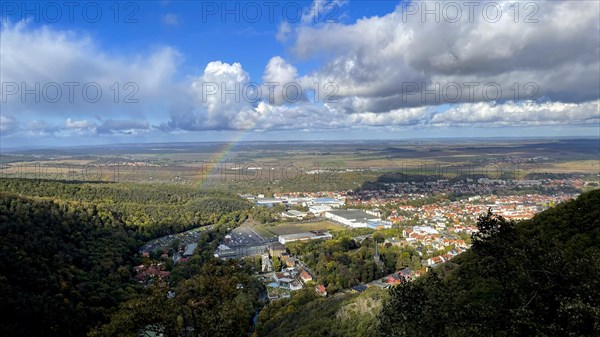 View from the Hexentanzplatz to the town of Thale with rainbow