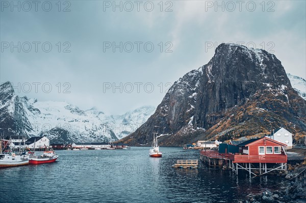 Hamnoy fishing village with ships fishing boats on Lofoten Islands