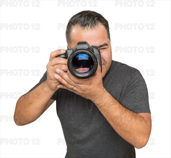 Handsome hispanic young male with DSLR camera isolated on a white background