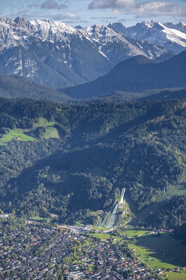 View over Garmisch-Partenkirchen with ski jump and Wetterstein Mountains