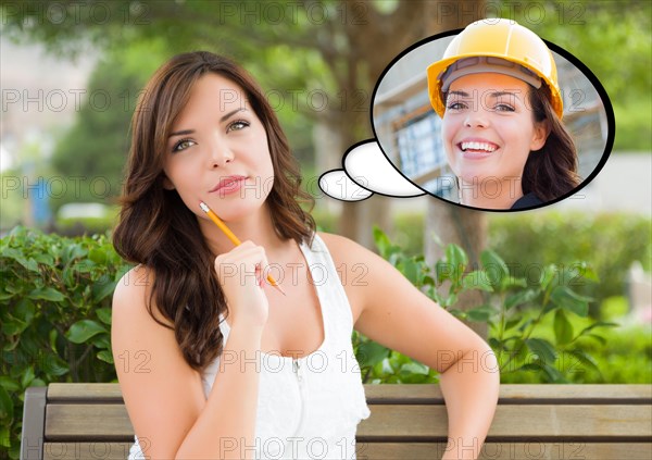 Thoughtful young woman with herself as a contractor or builder inside thought bubble