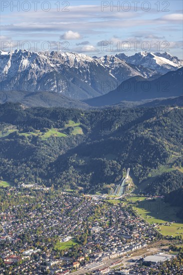 View over Garmisch-Partenkirchen with ski jump and Wetterstein Mountains