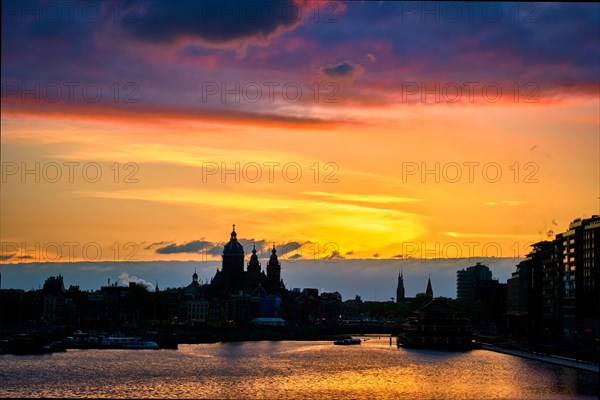 Amsterdam cityscape skyline with Church of Saint Nicholas