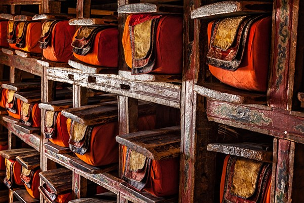 Folios of old manuscripts in library of Thiksey Gompa