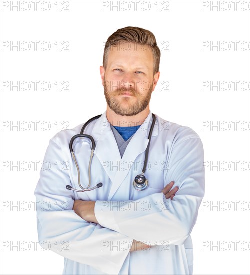 Handsome young adult male doctor with beard isolated on A white background