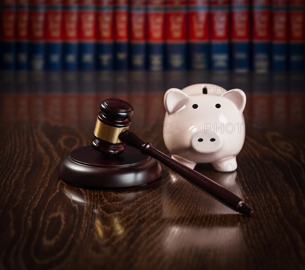 Gavel and piggy bank on wooden table with law books in background