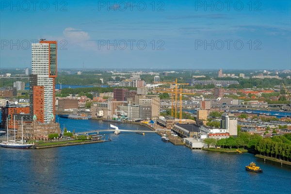View of Rotterdam city and Nieuwe Maas river with ship from Euromast